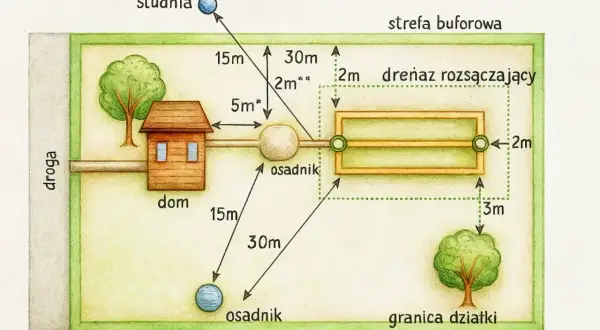 Schemat pokazuje odległość studni od szamba (osadnika) i drenażu rozsączającego. Kluczowe są minimalne odległości: 15m od studni do osadnika, 30m od studni do drenażu.