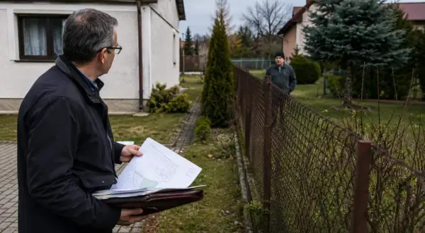 Mężczyzna z dokumentami analizuje sytuację z płotem sąsiada na mojej działce, być może w kontekście zasiedzenia.