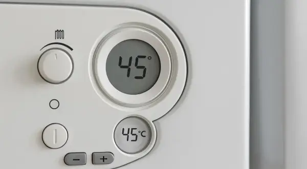 Panel sterowania pieca gazowego kondensacyjnego. Cyfrowy wyświetlacz pokazuje 45°C. Ustawienie temperatury na piecu gazowym kondensacyjnym.