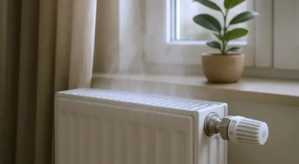 Biały kaloryfer grzeje mimo zakręcenia, unosząc parę. Obok okna stoi doniczka z zieloną rośliną.
