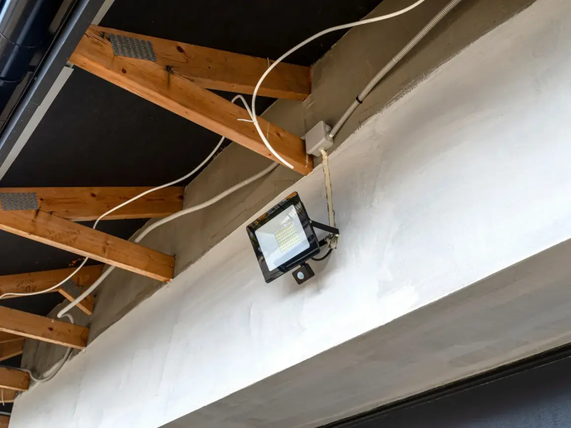 Nowoczesna instalacja elektryczna w garażu: jasny reflektor LED z czujnikiem ruchu zamontowany na betonowej belce, widoczne drewniane krokwie i białe przewody.