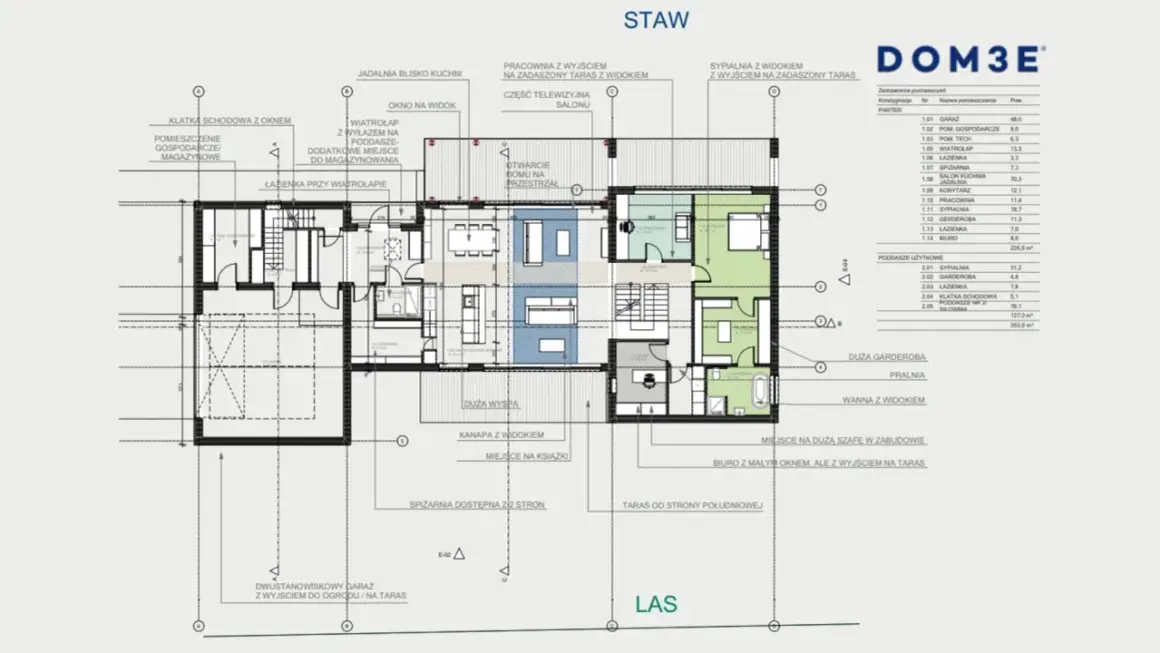 Projekt architektoniczny domu z tarasem i widokiem na las. Plan zawiera szczegółowy rozkład pomieszczeń, w tym garaż, salon, kuchnię, sypialnie i biuro.