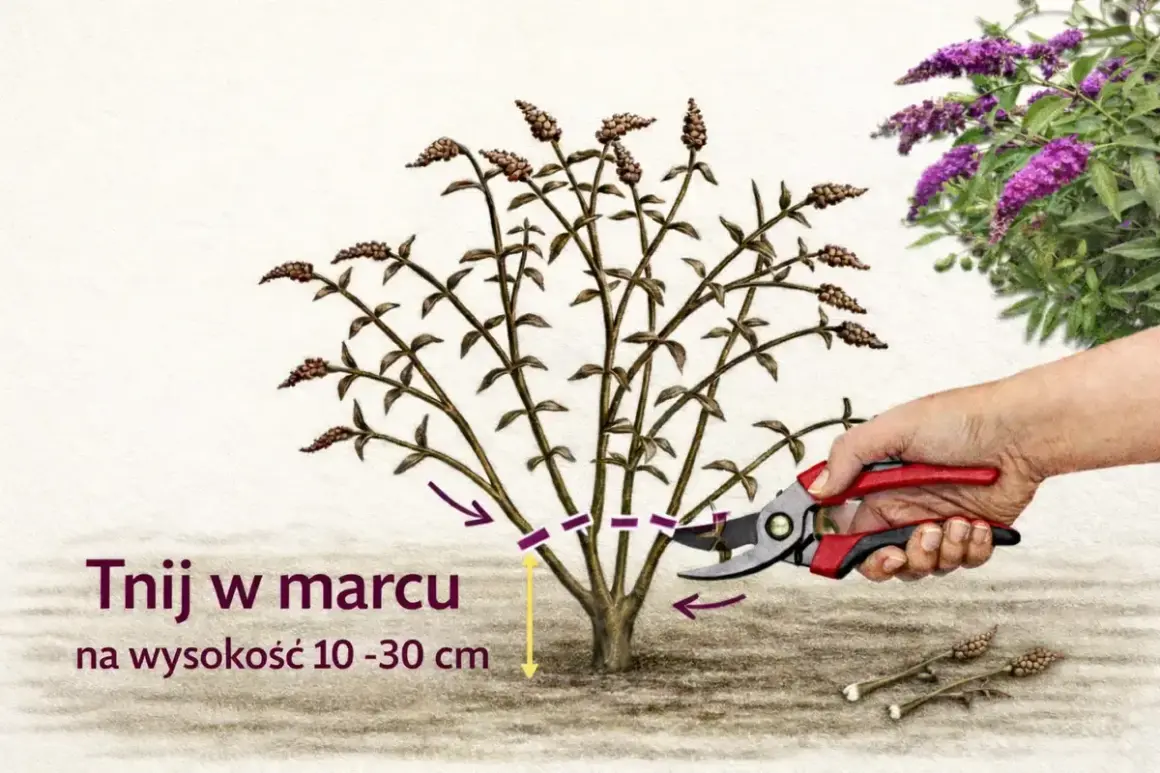 Budleja dawida - cięcie w marcu na wysokość 10-30 cm. Dłonią z sekatora przycinana jest roślina.
