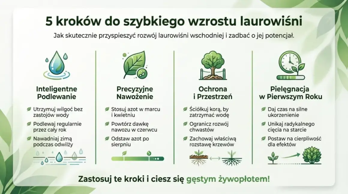 5 kroków do szybkiego wzrostu laurowiśni: podlewanie, nawożenie, ochrona, przestrzeń i pielęgnacja. Dowiedz się, jak uzyskać gęsty żywopłot.