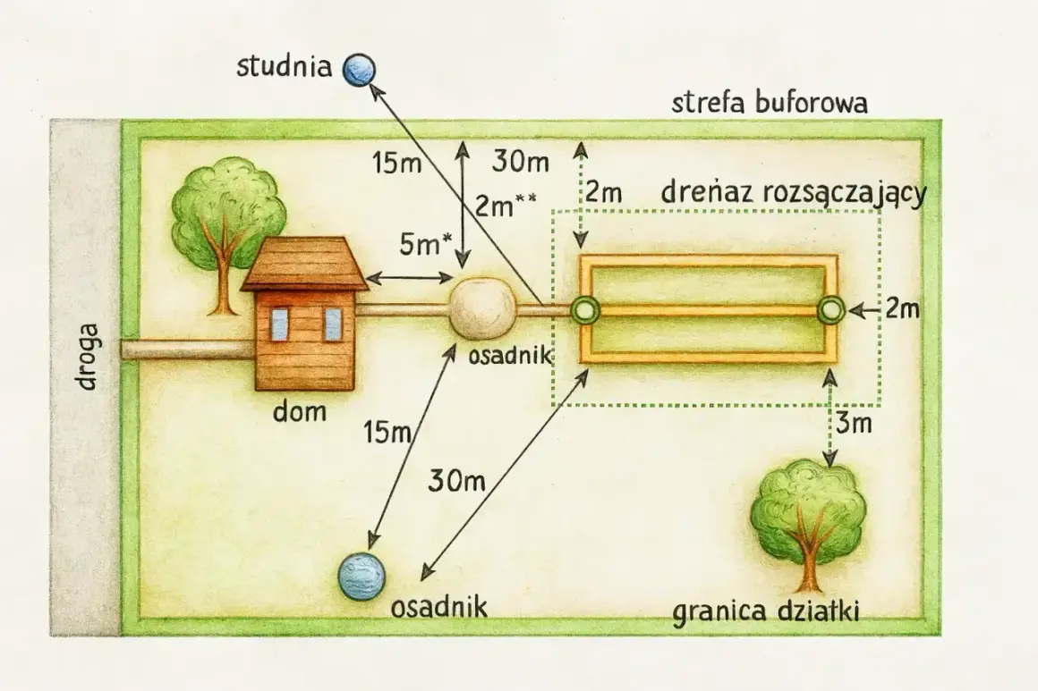 Schemat pokazuje odległość studni od szamba (osadnika) i drenażu rozsączającego. Kluczowe są minimalne odległości: 15m od studni do osadnika, 30m od studni do drenażu.