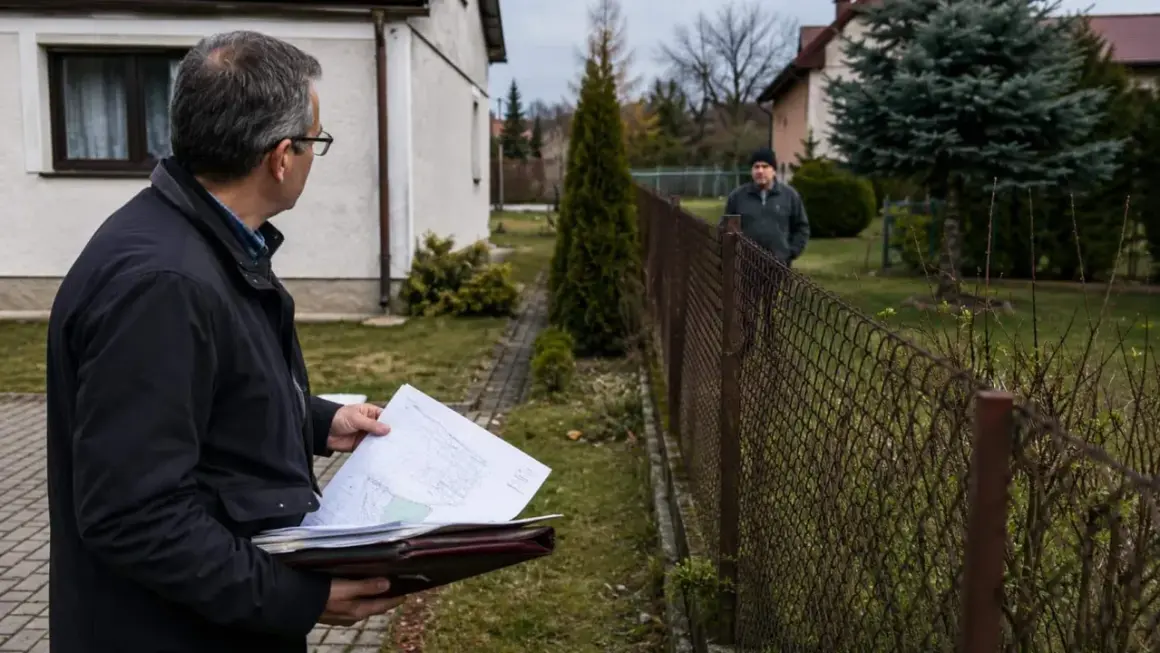 Mężczyzna z dokumentami analizuje sytuację z płotem sąsiada na mojej działce, być może w kontekście zasiedzenia.