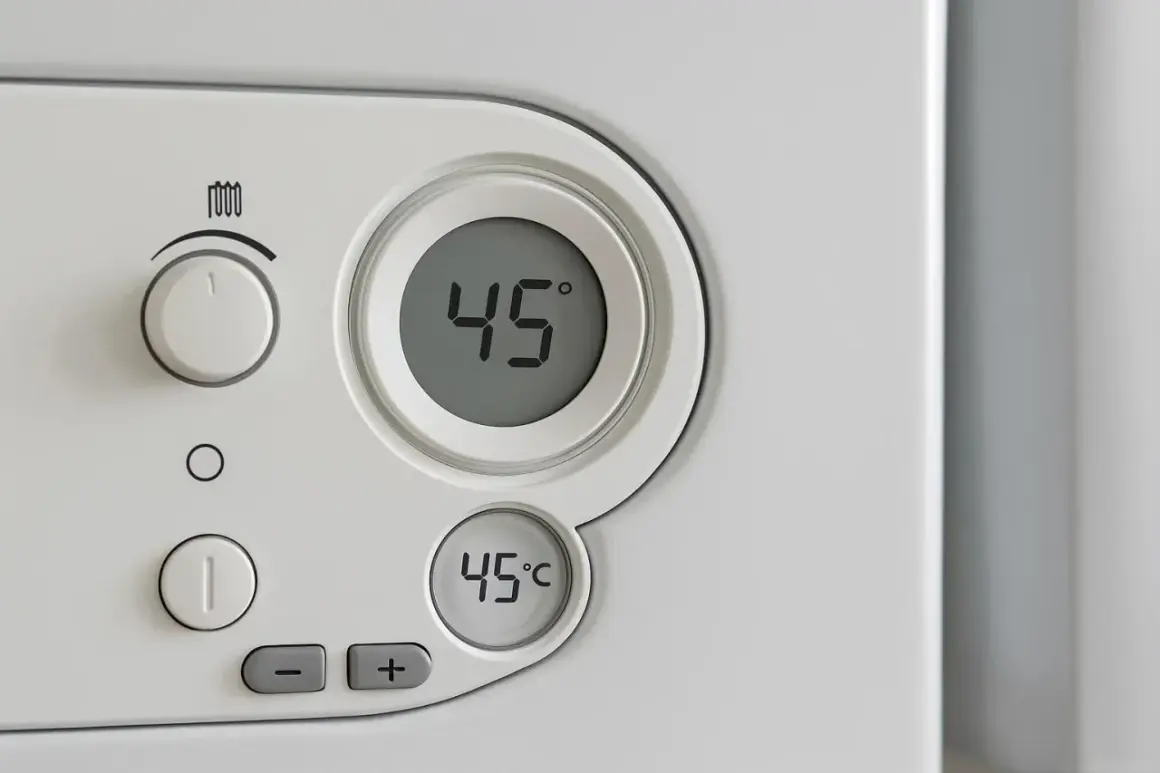 Panel sterowania pieca gazowego kondensacyjnego. Cyfrowy wyświetlacz pokazuje 45°C. Ustawienie temperatury na piecu gazowym kondensacyjnym.