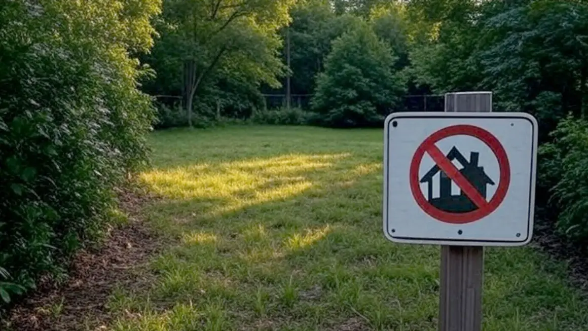 Znak zakazu budowy domów jednorodzinnych stoi na tle zielonej polany i drzew.