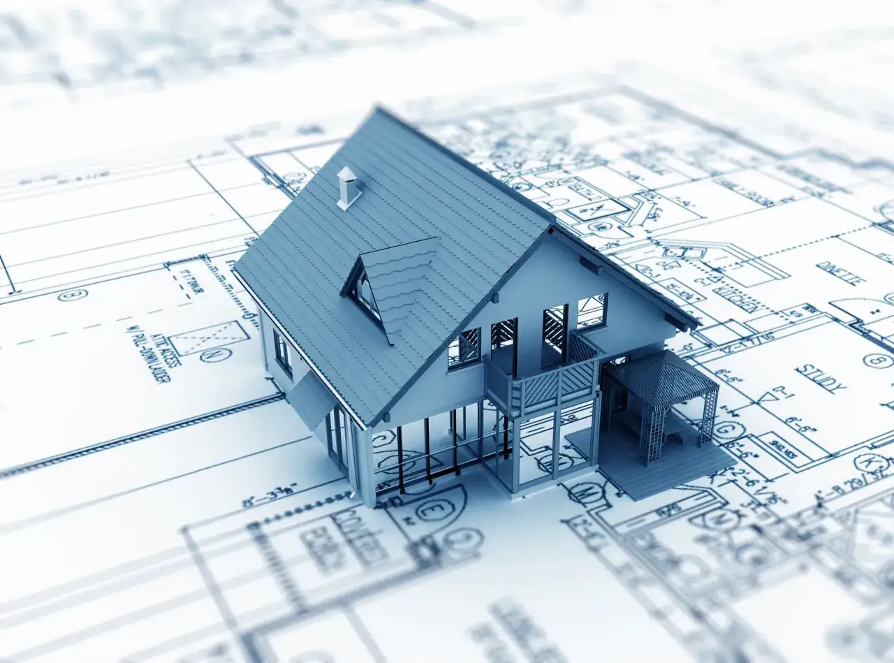 Model domu na planach architektonicznych. Schemat kolejności prac na budowie domu.