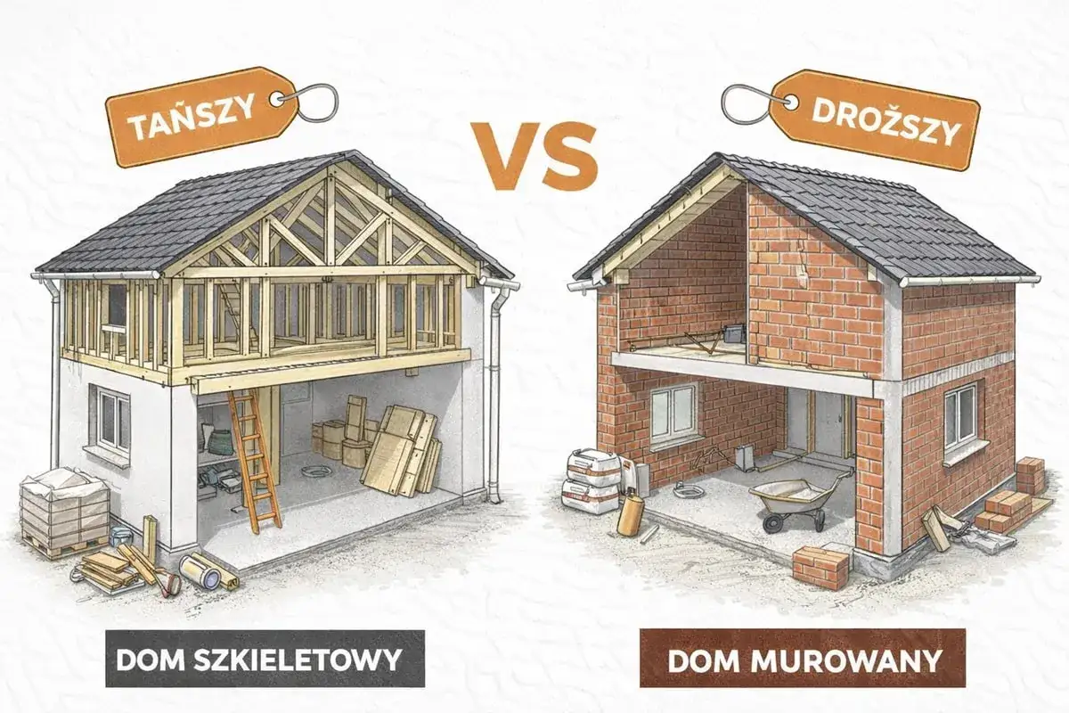 Por&oacute;wnanie domu szkieletowego (tańszego) i domu murowanego (droższego). Widoczne są konstrukcje i materiały budowlane.