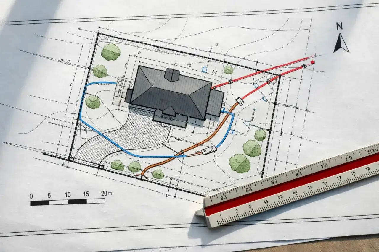 Projekt domu jednorodzinnego z zaznaczonymi przyłączami. Na planie widać dom, drogę, drzewa i linie instalacji. Może to być wizualizacja przed podjęciem decyzji o zakazie budowy dom&oacute;w jednorodzinnych.