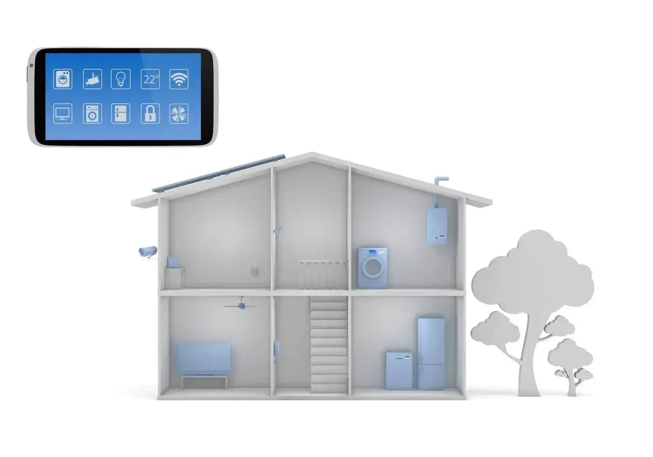 Sterowanie domem za pomocą smartfona. Widok przekroju domu z urządzeniami i aplikacją smart home system.