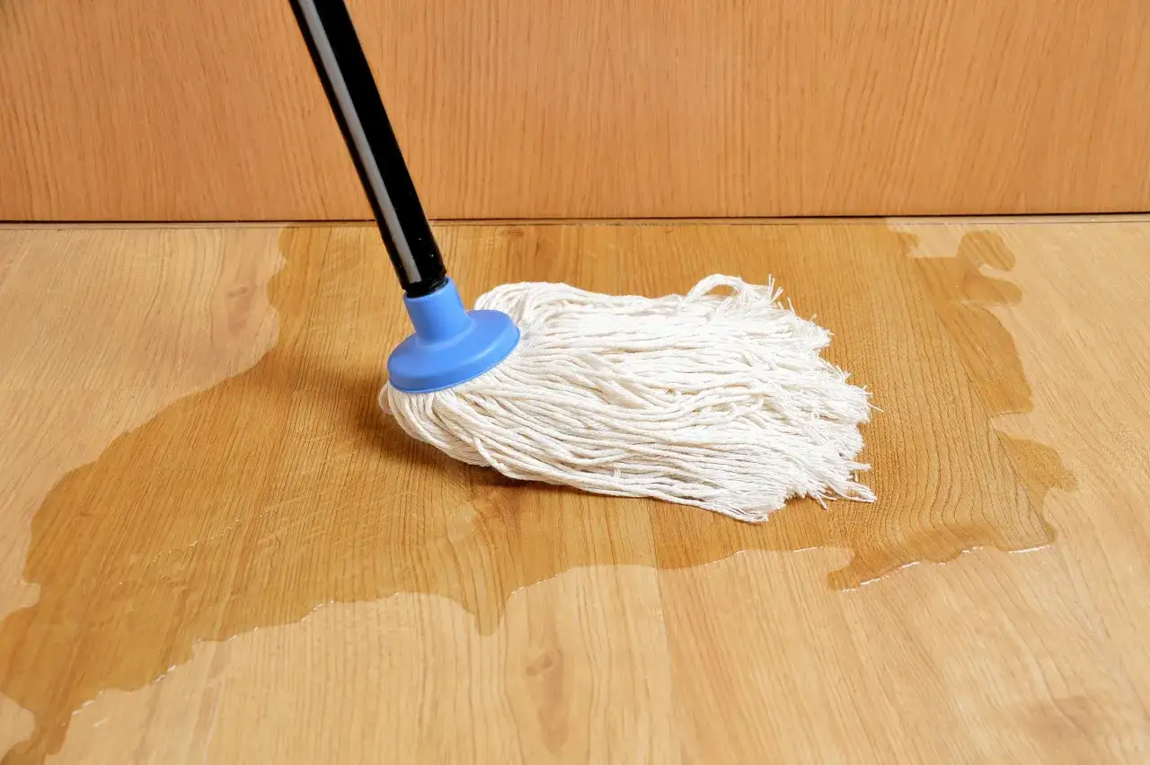 Mop na drewnianej podłodze, gdzie widać zalane panele na łączeniach. Woda tworzy kałuże, a mop jest gotowy do sprzątania.