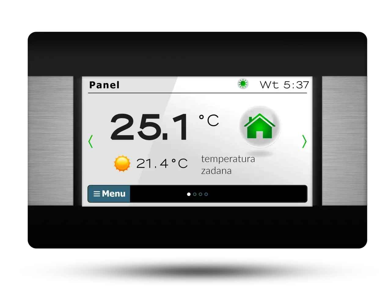 Panel sterownika pieca na pellet. Aktualna temperatura 25.1°C, zadana 21.4°C. Ikona domu i słońca.