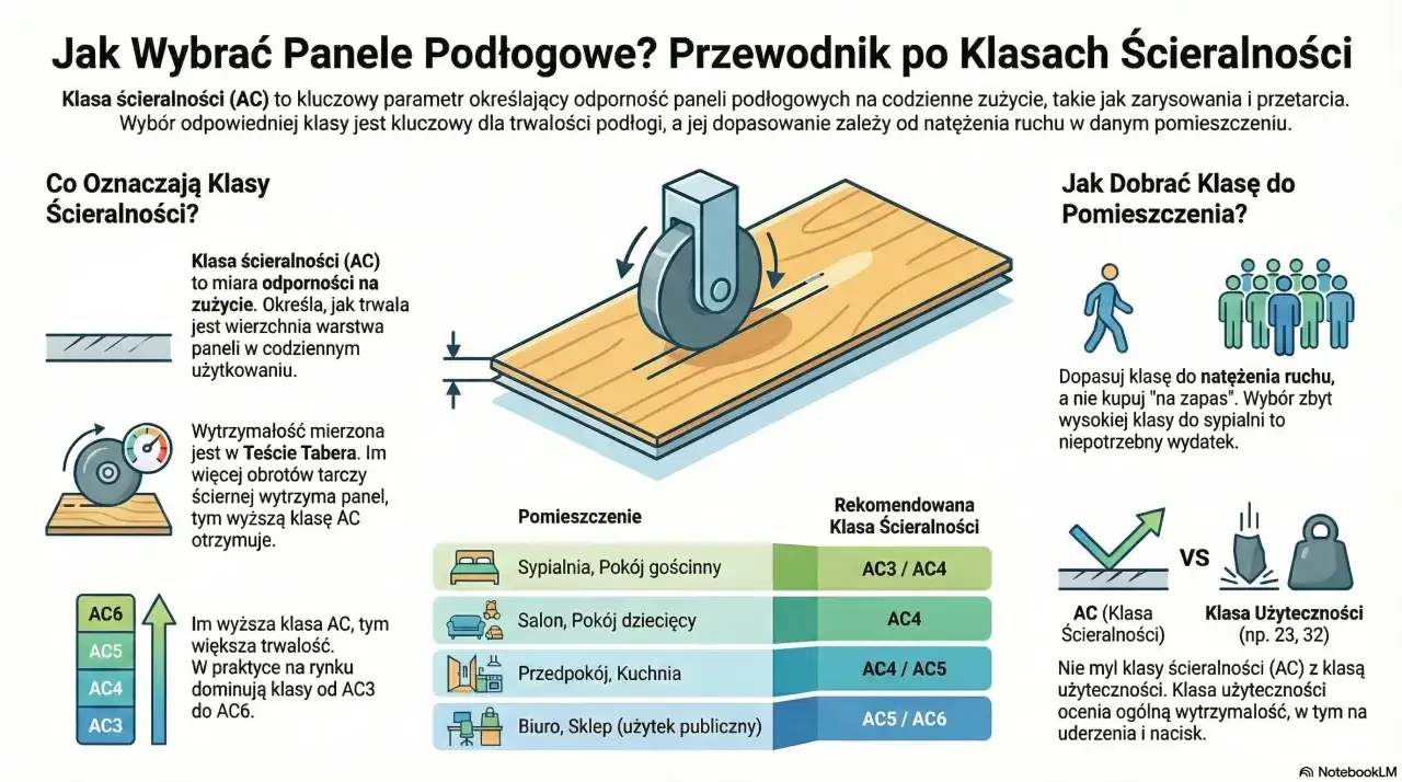 Przewodnik po klasach ścieralności paneli podłogowych. Dowiedz się, jak wybrać odpowiednią klasę AC do każdego pomieszczenia, by podłoga służyła latami.