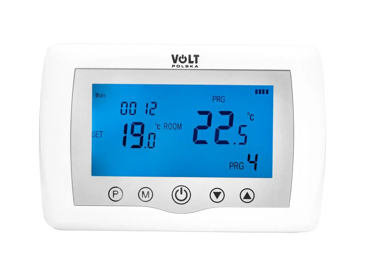 Cyfrowy termostat pokojowy Volt Polska. Wyświetla aktualną temperaturę 19.0°C i zadaną 22.5°C. Dowiedz się, jak ustawić termostat pokojowy, by cieszyć się komfortem.