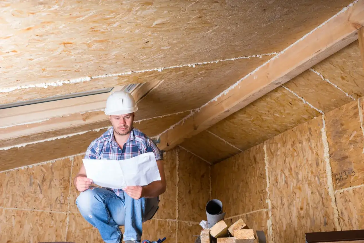Budowlaniec w kasku analizuje projekt, zastanawiając się, jaka grubość płyty OSB na podłogę strychu będzie najlepsza.