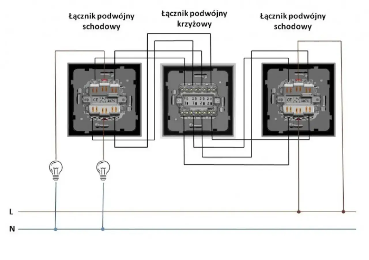 Schemat instalacji elektrycznej z łącznikiem krzyżowym i dwoma schodowymi.