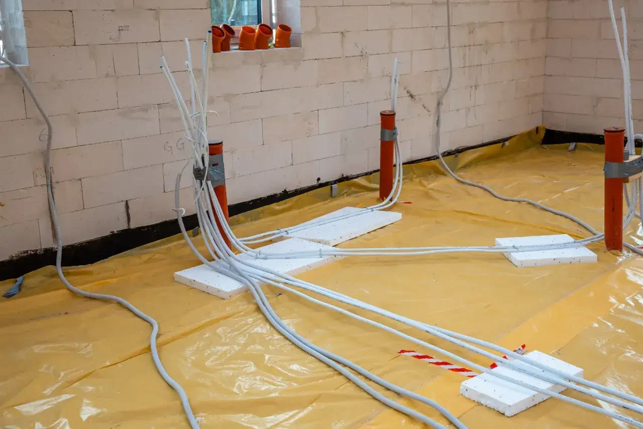 Przygotowania do wylania posadzki: instalacja elektryczna w podłodze z rurkami i peszlami, zabezpieczona żółtą folią.