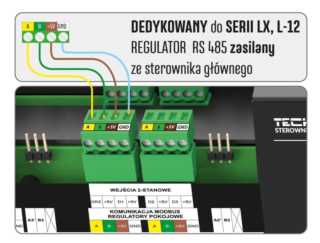 Schemat podłączenia regulatora pokojowego zasilanego ze sterownika głównego. Brak transmisji z regulatorem pokojowym tech.