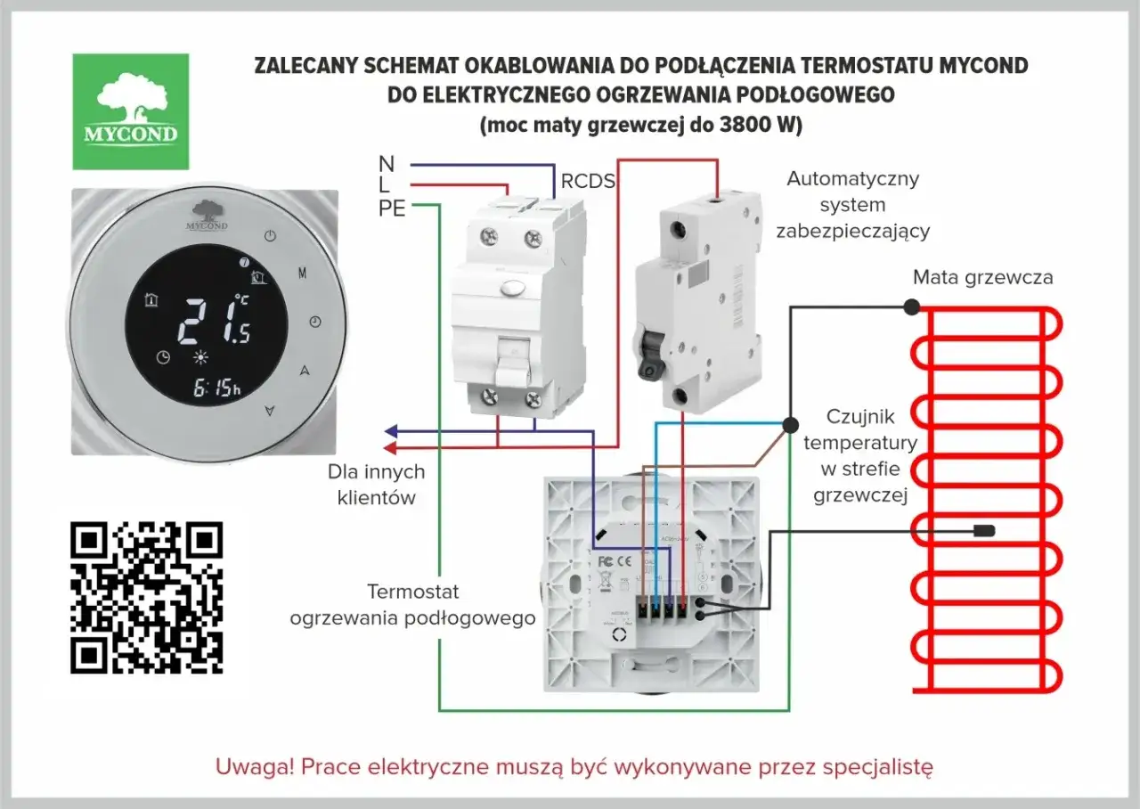 Schemat podłączenia termostatu MYCOND. Czujnik temperatury montowany w strefie grzewczej maty podłogowej.