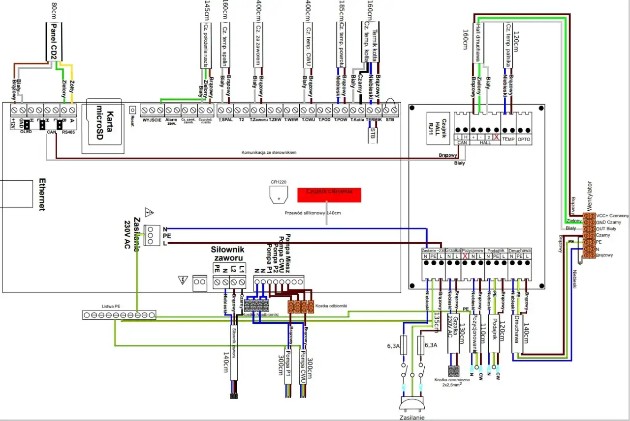 Schemat instalacji grzewczej. Brak transmisji z regulatorem pokojowym, widoczne połączenia czujników, siłowników i zasilania.
