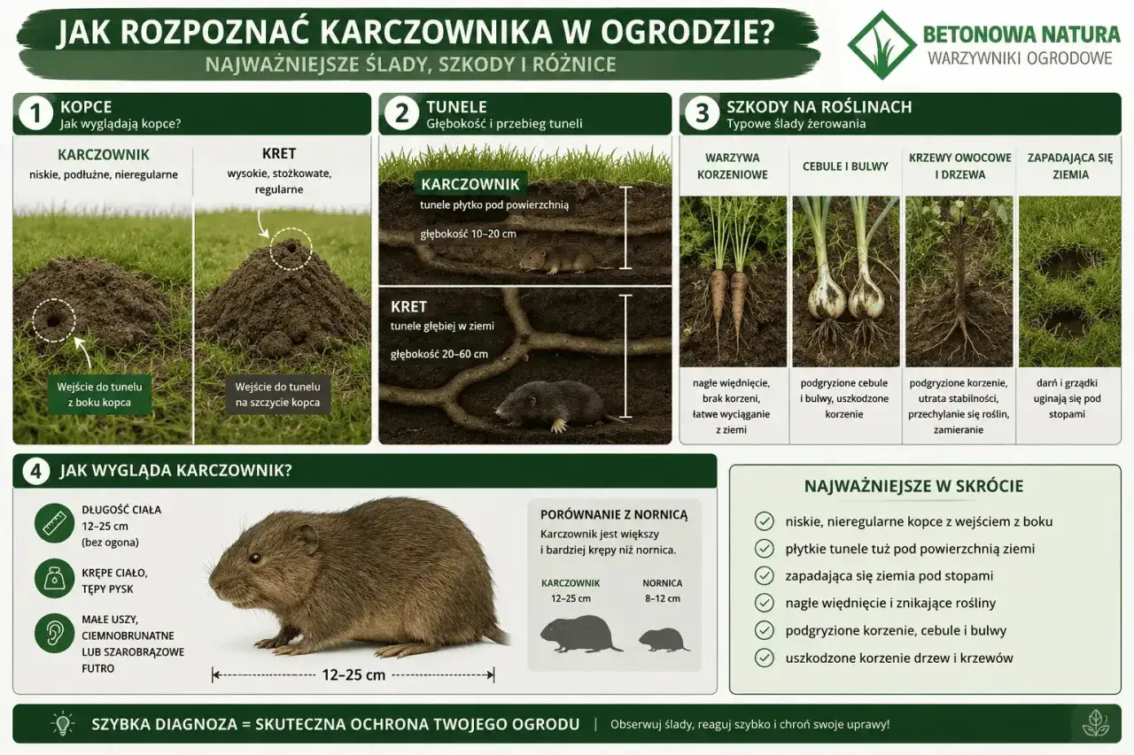 Karczownik w ogrodzie: niskie kopce, płytkie tunele, podgryzione korzenie warzyw i drzew. Zwierzę ma krępe ciało, tępy pysk i ciemne futro.