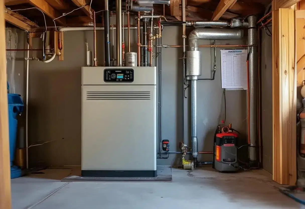 Nowy piec nie podaje ciepła na grzejniki. Widać instalację hydrauliczną i wentylacyjną.