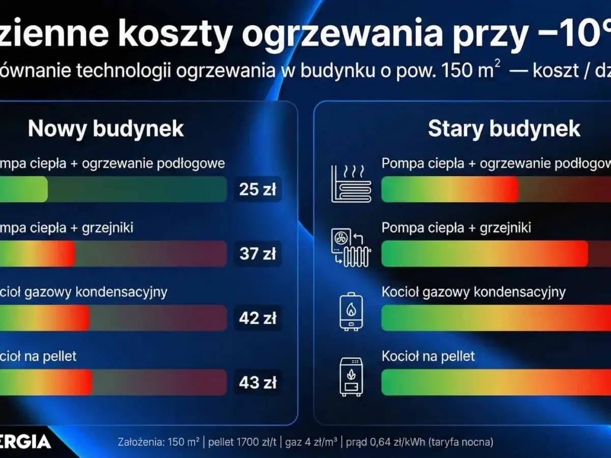 Porównanie kosztów ogrzewania w nowym i starym budynku. Wykres pokazuje, że pompa ciepła z ogrzewaniem podłogowym to najtańsza opcja.