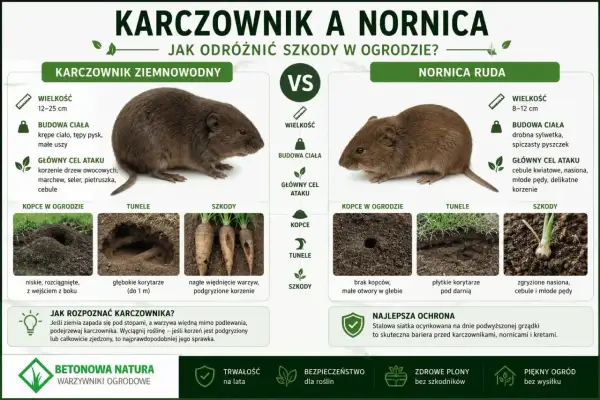 Karczownik i nornica – porównanie szkodników. Karczownik niszczy korzenie drzew i warzyw, nornica atakuje cebule i nasiona.