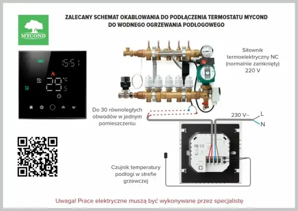 Schemat podłączenia sterownika do ogrzewania podłogowego Mycond. Pokazuje termostat, rozdzielacz z siłownikami i czujnik temperatury.