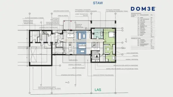 Projekt architektoniczny domu z tarasem i widokiem na las. Plan zawiera szczegółowy rozkład pomieszczeń, w tym garaż, salon, kuchnię, sypialnie i biuro.