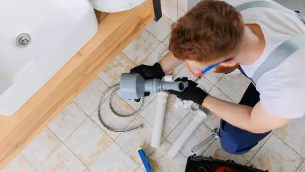 Instalator naprawia rury pod umywalką, prawdopodobnie z powodu braku odpowietrzenia pionu.