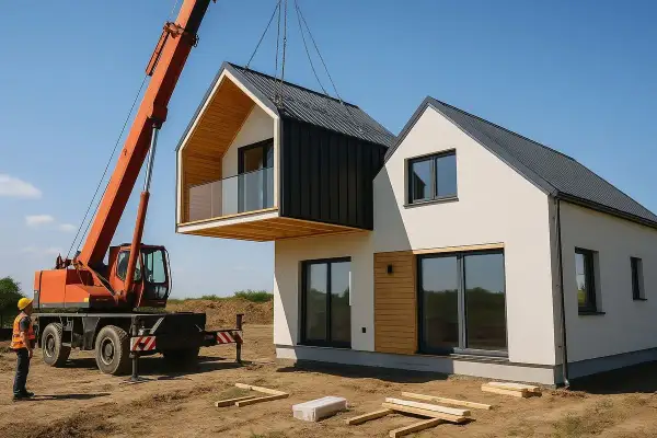 Montaż nowoczesnego domu z prefabrykatów betonowych. Dźwig podnosi moduł z balkonem, budowlaniec obserwuje.