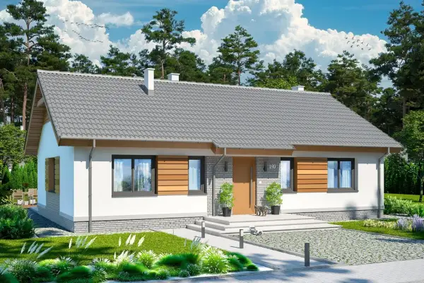 Urocze, białe małe domy z drewnianymi akcentami, otoczone zielenią i sosnami, pod błękitnym niebem.