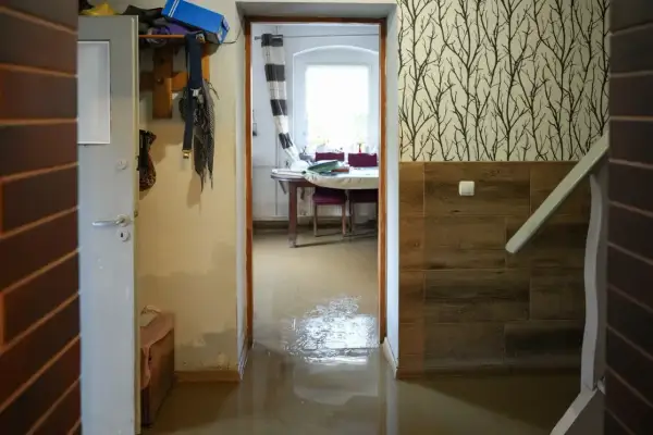 Woda zalewa podłogę w korytarzu i wchodzi do pokoju. Widać drzwi, meble i zasłony. To dowód na potrzebę zabezpieczenia przed zalaniem.