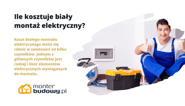 Elektryk w niebieskim kombinezonie pokazuje kciuki w górę obok skrzynki z narzędziami i rozdzielnicy. Dowiedz się, ile kosztuje biały montaż elektryczny.
