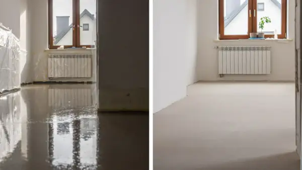 Przed i po: mokre posadzki cementowe schną, tworząc gładką, jednolitą powierzchnię.