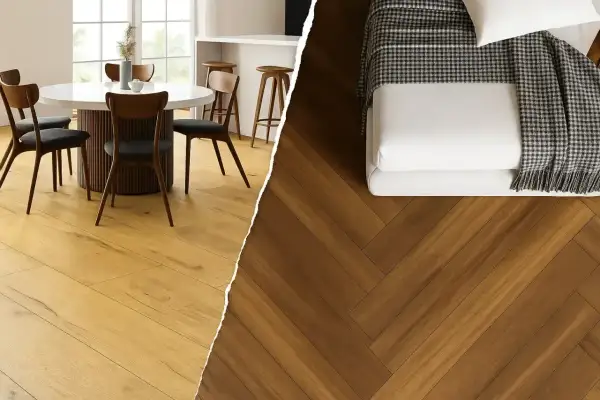 Jasne panele laminowane w jadalni i ciemne panele winylowe w sypialni. Wybierz idealne rozwiązanie dla swojego domu.