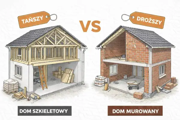 Porównanie domu szkieletowego (tańszego) i domu murowanego (droższego). Widoczne są ich konstrukcje i materiały budowlane.