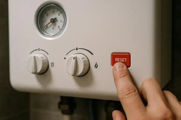 Palec naciska czerwony przycisk RESET na piecu CO, gdy słychać dziwne odgłosy.