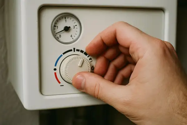 Dłoń kręci pokrętłem termostatu, pokazując jak ustawić piec gazowy dwufunkcyjny. Skala od czerwonego do niebieskiego sugeruje regulację temperatury.