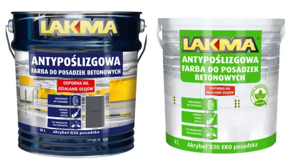 Dwie puszki farby LAKMA Akrybet B30, idealne do malowania posadzki betonowej w piwnicy. Antypoślizgowa, odporna na oleje i ścieranie.