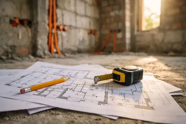 Plany budowy, miarka i ołówek leżą na podłodze. W tle widać pomarańczowe przewody, zapowiadające instalację elektryczną w podłodze.