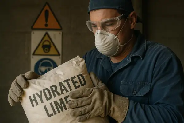 Pracownik w masce i okularach ochronnych trzyma worek z napisem "HYDRATED LIME", który może być użyty jako wapno do szamba.