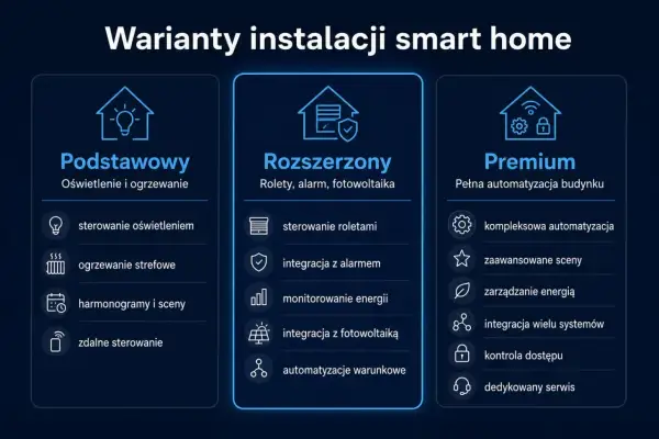 Porównanie pakietów smart home: podstawowy (oświetlenie, ogrzewanie), rozszerzony (rolety, alarm, fotowoltaika) i premium (pełna automatyzacja). Inteligentne sterowanie ogrzewaniem w każdym z nich.