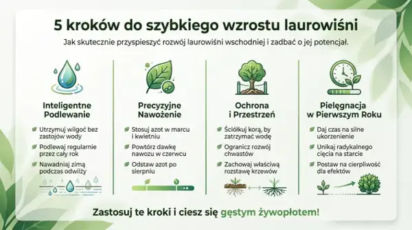 5 kroków do szybkiego wzrostu laurowiśni: podlewanie, nawożenie, ochrona, przestrzeń i pielęgnacja. Dowiedz się, jak uzyskać gęsty żywopłot.