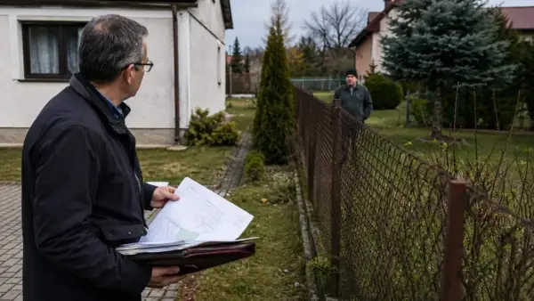 Mężczyzna z dokumentami analizuje sytuację z płotem sąsiada na mojej działce, być może w kontekście zasiedzenia.