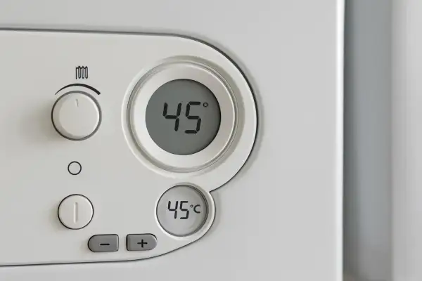 Panel sterowania pieca gazowego kondensacyjnego. Cyfrowy wyświetlacz pokazuje 45°C. Ustawienie temperatury na piecu gazowym kondensacyjnym.